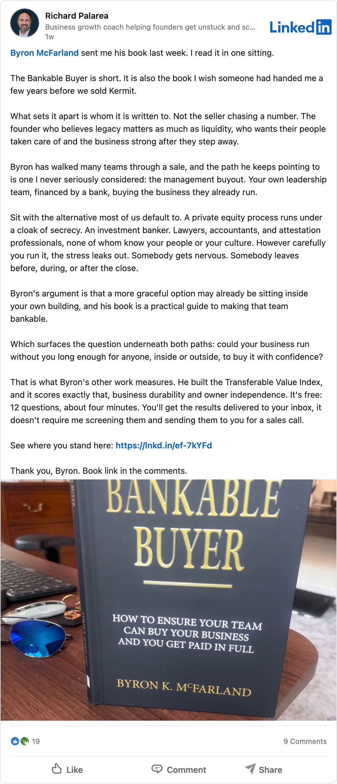 Richard Palarea's LinkedIn post: Byron McFarland sent me his book last week. I read it in one sitting.
